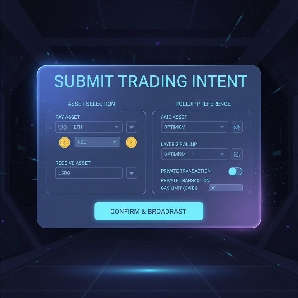 web form for submitting trading intent on DEX, input fields for assets and rollups, sci-fi holographic display