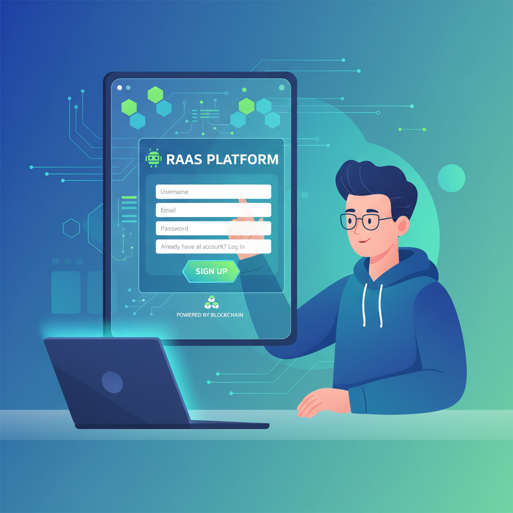 Developer signing up on modern RaaS dashboard, futuristic blockchain UI, vibrant blues and greens
