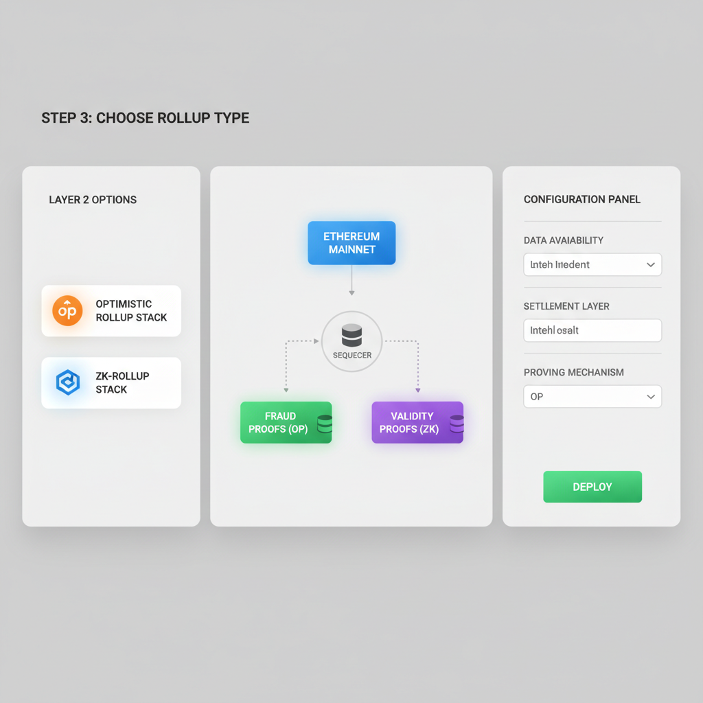 Configuring OP vs ZK rollup stack options on clean dashboard interface, blockchain icons glowing