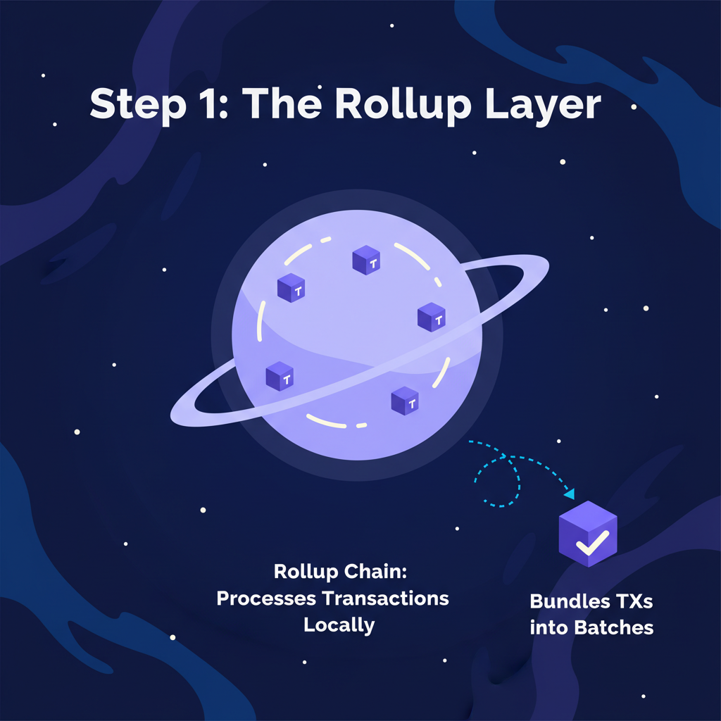 Integrating DA layer like Celestia into rollup setup, data flow visualization, cosmic network graphics