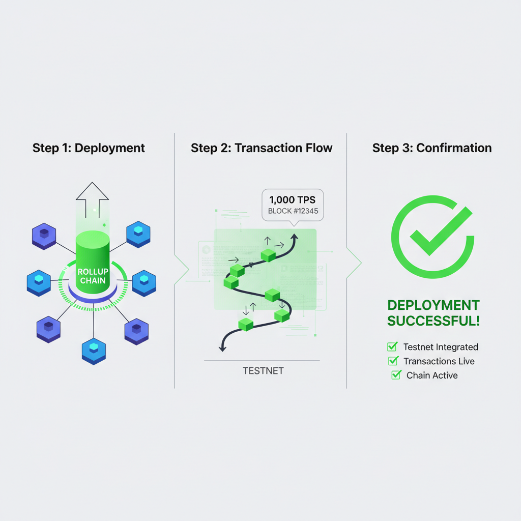 Deploying rollup chain with success animation, testnet transactions flowing, green checkmarks