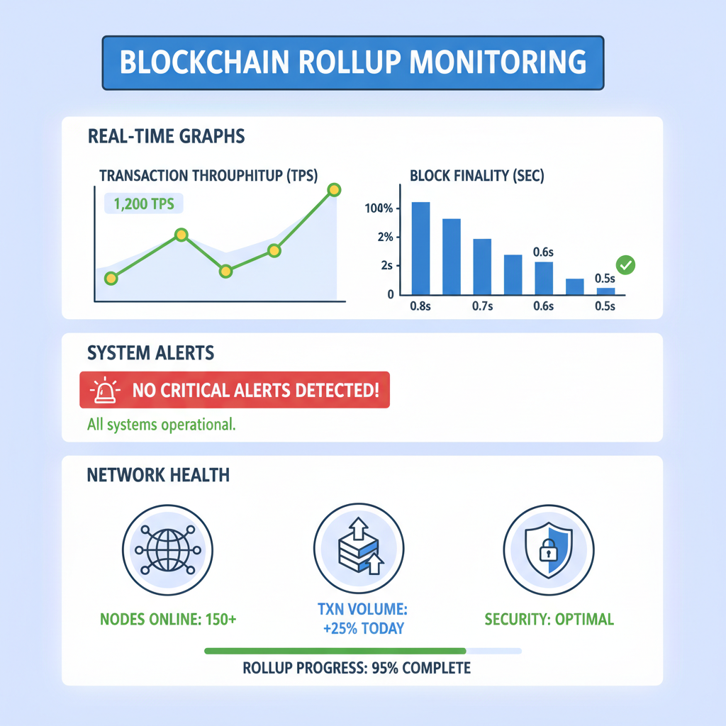 Live rollup dashboard with real-time monitoring graphs, alerts, thriving blockchain network