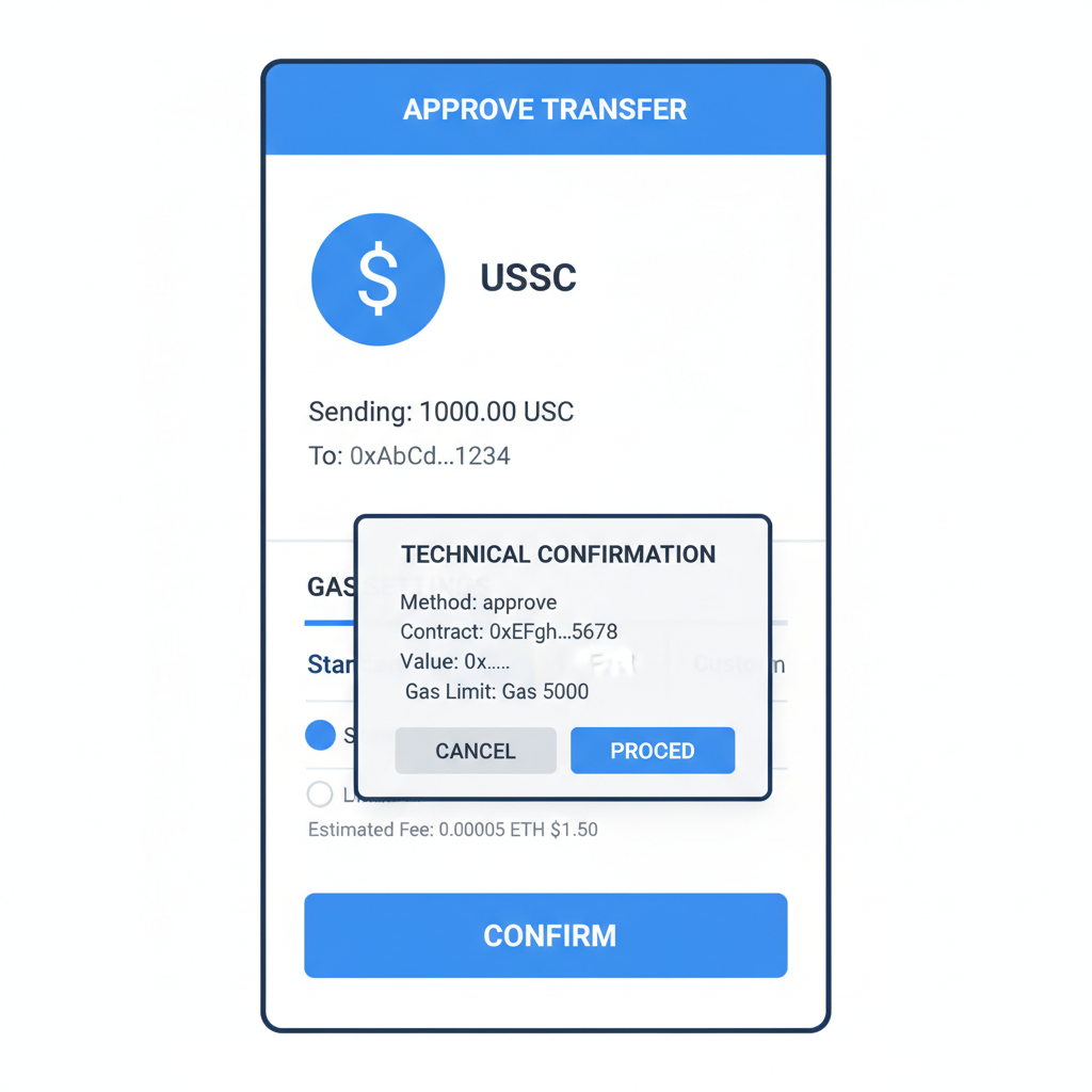 wallet transaction approval screen for USDC ERC20 transfer, gas settings visible, technical confirmation dialog