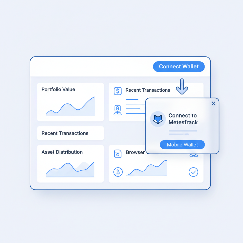 modern crypto dashboard with wallet connect button, MetaMask popup, clean technical UI, blue accents
