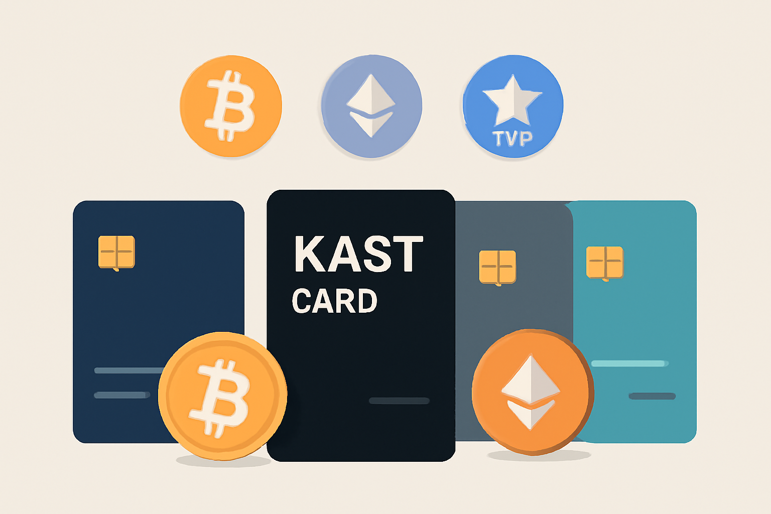 A selection of modern crypto cards, highlighting the KAST Card, with tokens and reward points floating above them.