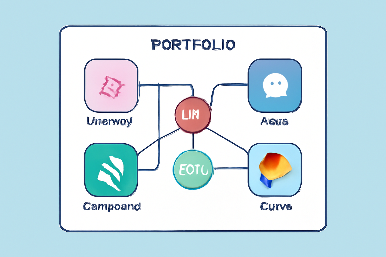A portfolio dashboard displaying multiple crypto platforms and governance tokens, with interconnected lines showing diversification.