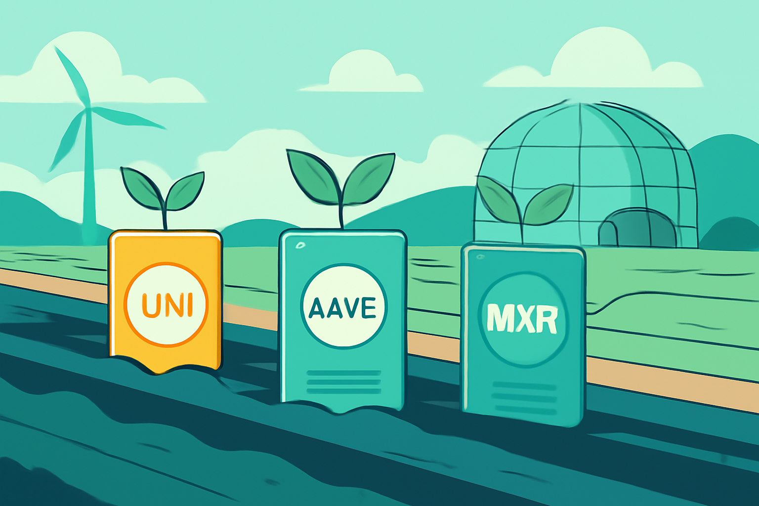 A futuristic farm with digital crops labeled UNI, AAVE, and MKR growing from crypto cards, symbolizing yield farming and staking.