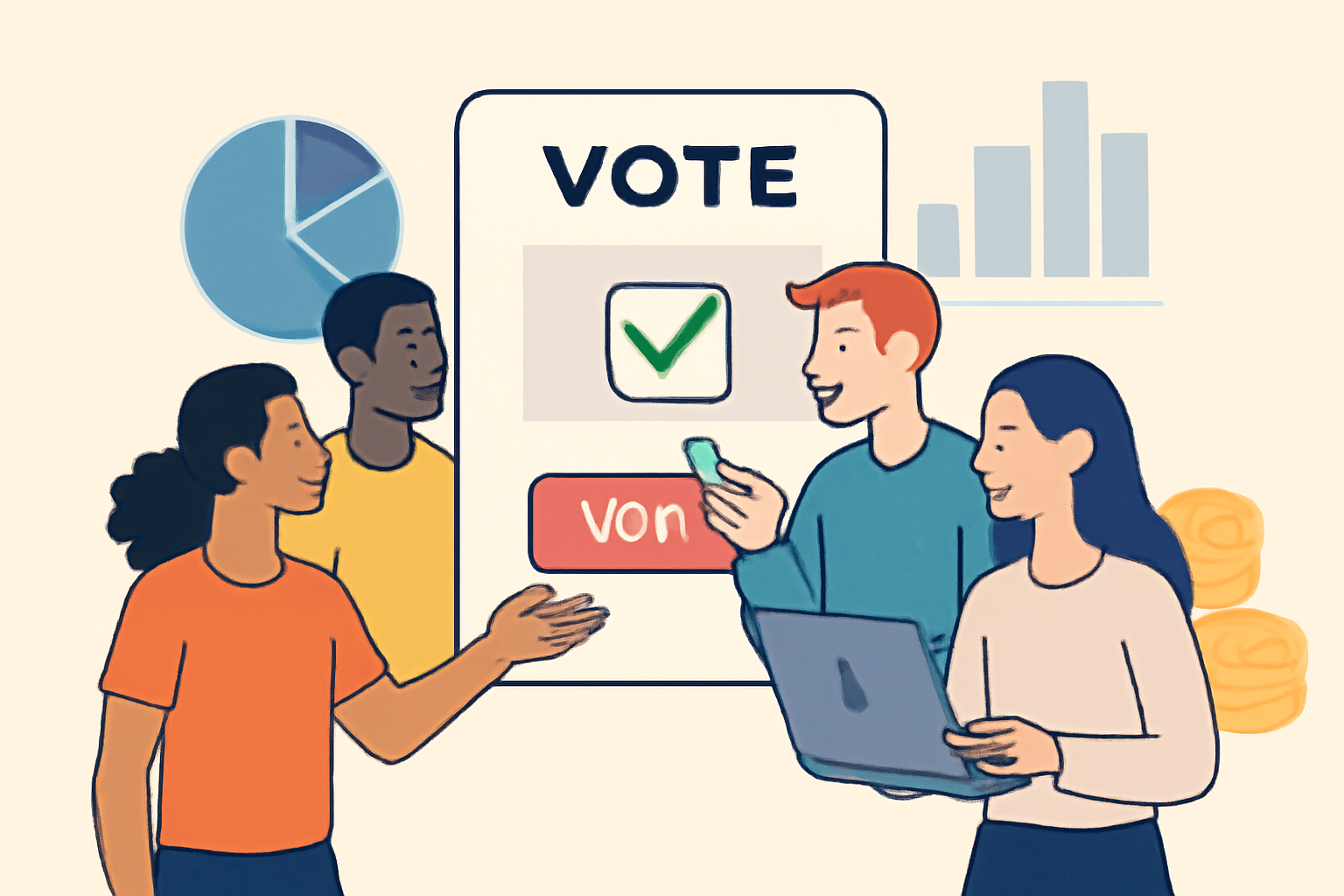 A group of diverse people around a digital voting interface, with charts and tokens in the background, representing community governance.