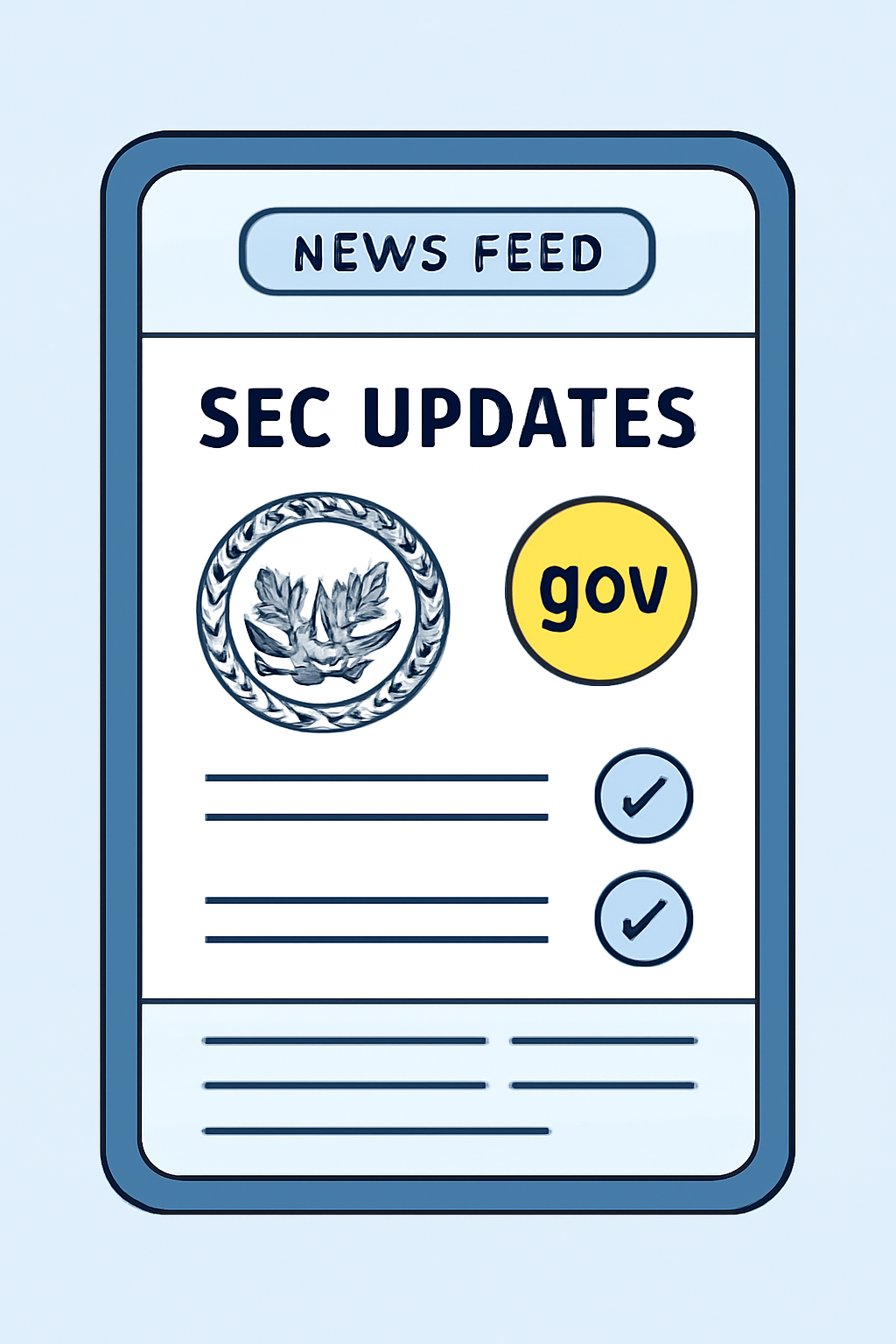 A news feed on a digital device showing SEC updates, with governance tokens and compliance checkmarks.