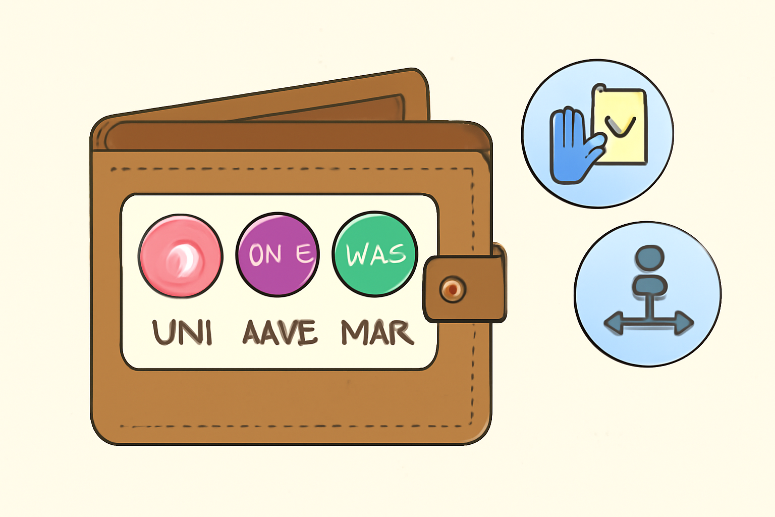 A digital wallet displaying governance tokens such as UNI, AAVE, and MKR, with icons representing voting and decision-making.