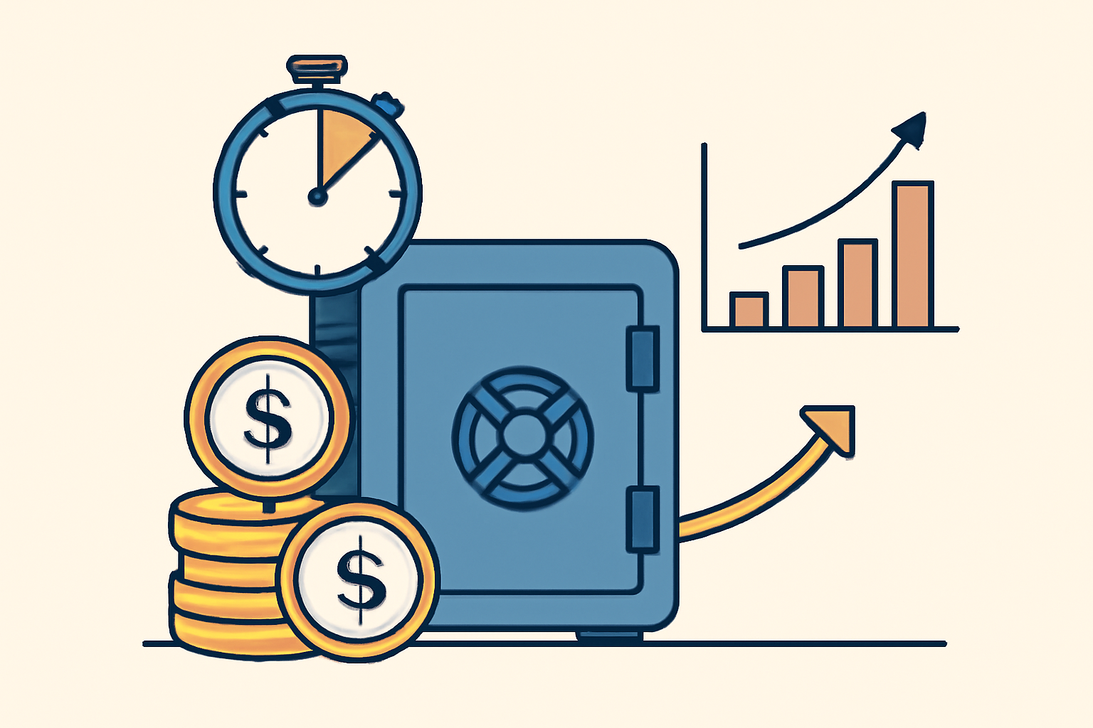 A vault with tokens being locked inside, a timer above, and a graph showing increasing rewards, symbolizing veToken staking.