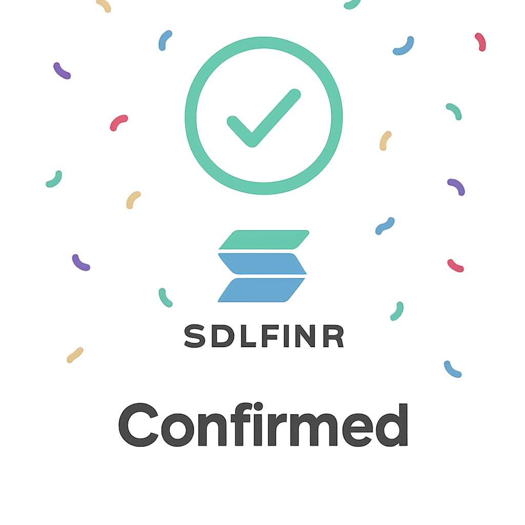 A confirmation screen with a checkmark, Solana logo, and celebratory confetti, modern UI