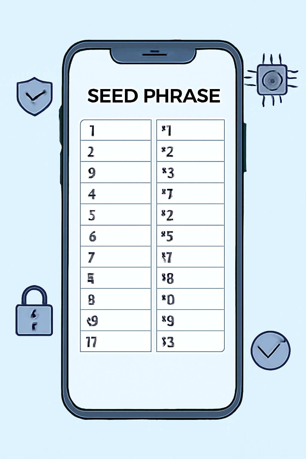 A phone screen showing a list of 24 blank spaces for a seed phrase, digital security icons, futuristic style