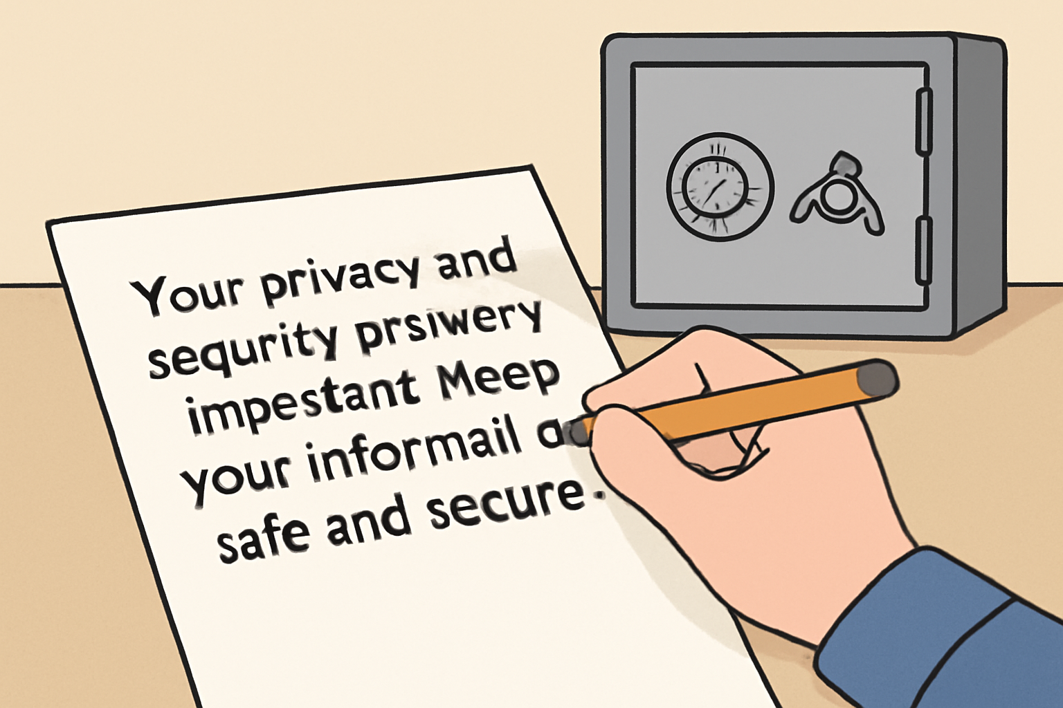 A hand writing a 24-word phrase on paper, safe box in background, emphasizing privacy and security