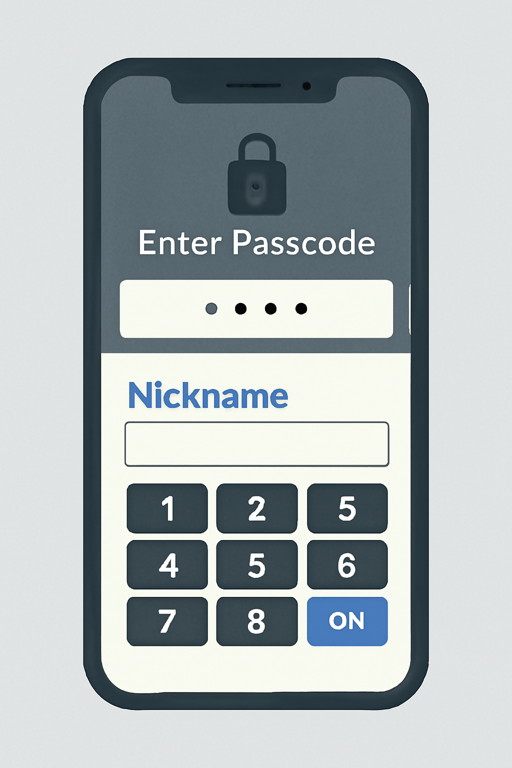 A phone screen prompting for passcode entry and nickname input, lock icon, techy vibe