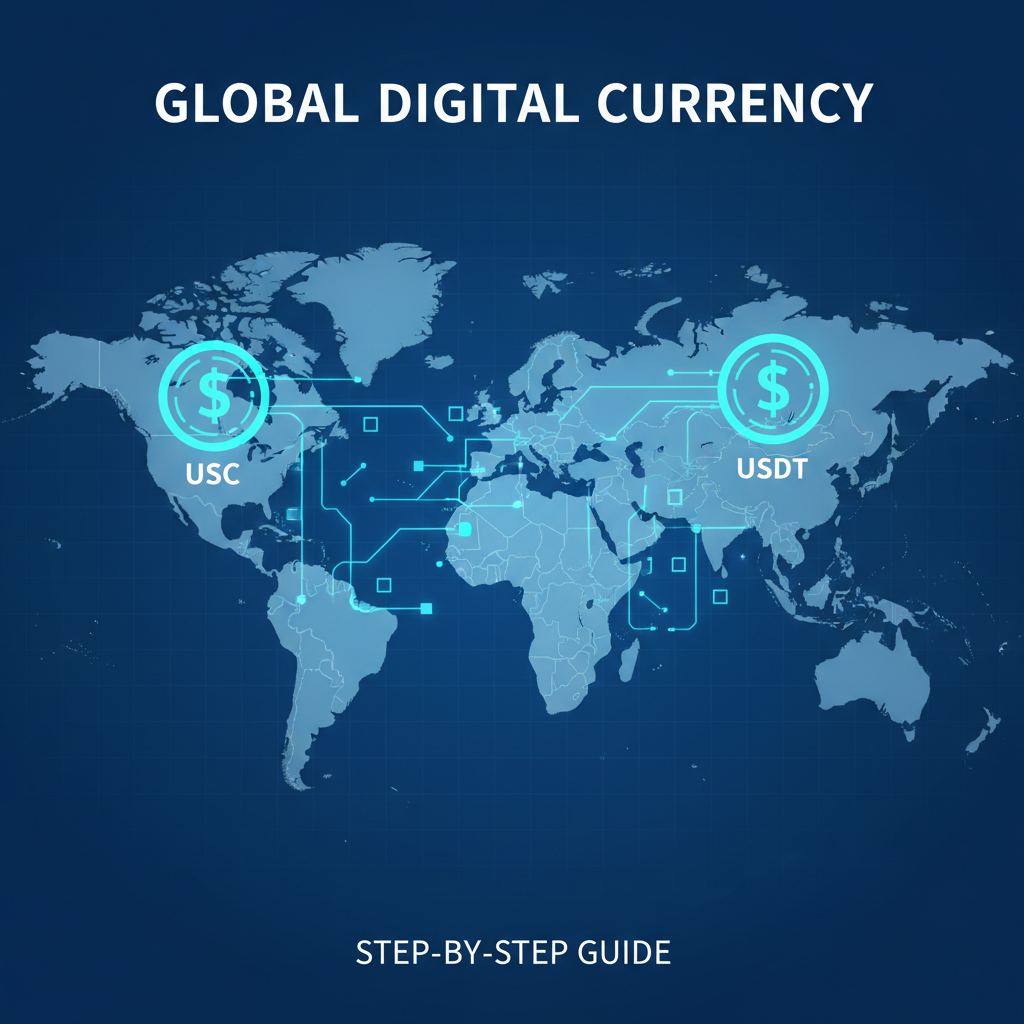 vibrant icons of USDC and USDT on global map with blockchain links, professional blue tones