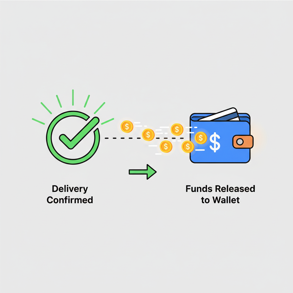 delivery confirmation checkmark triggering fund release animation to wallet