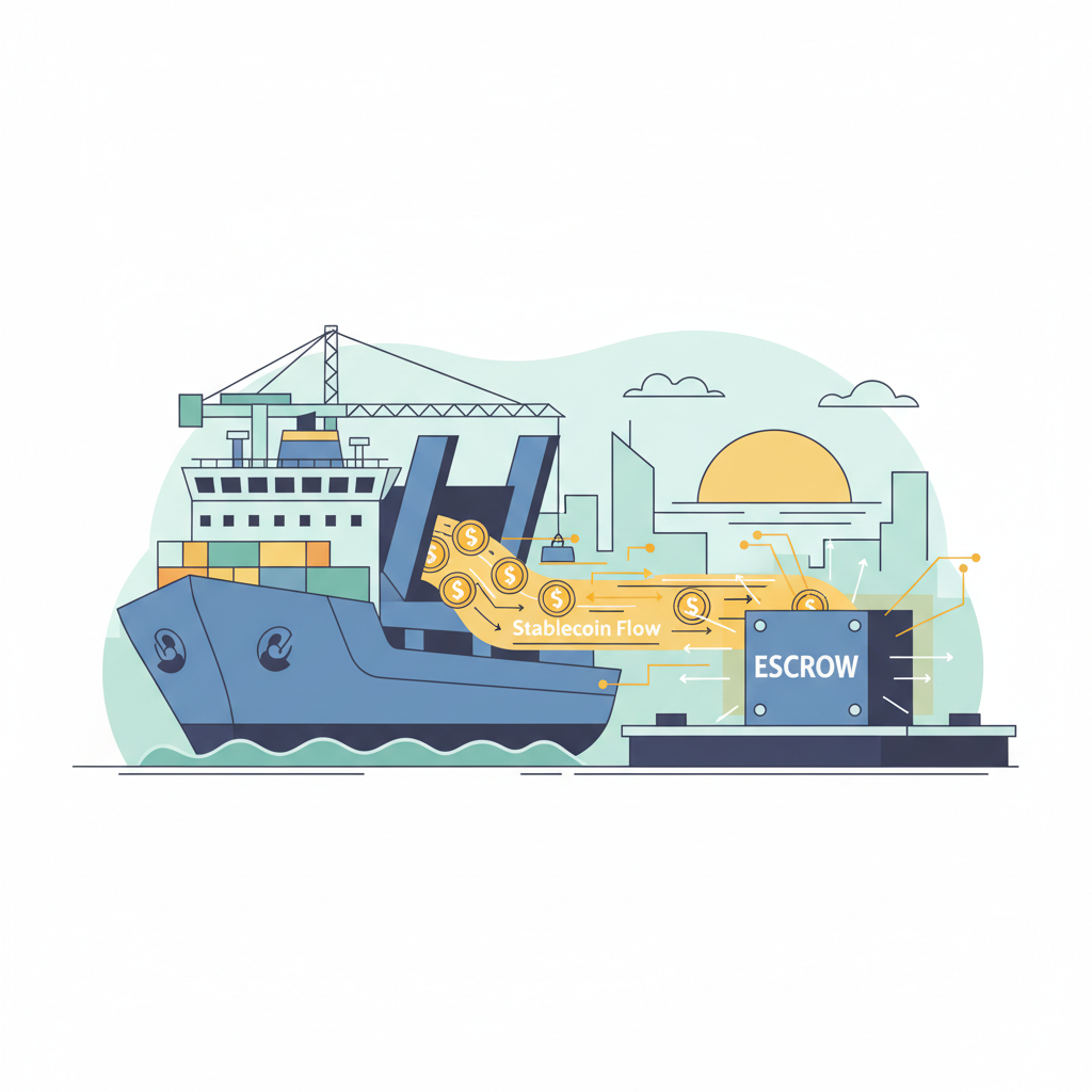 cargo ship loading with stablecoin flow into glowing escrow vault, dynamic action