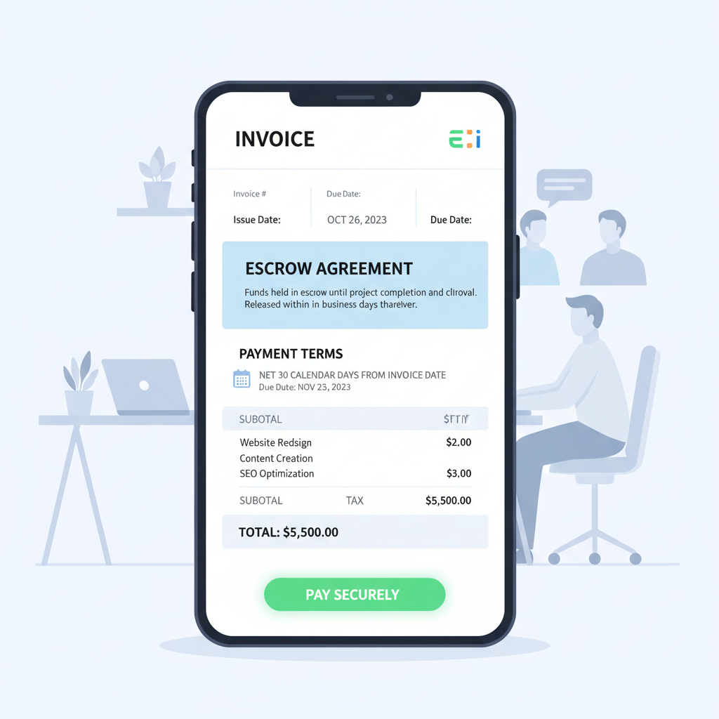 sleek digital invoice screen with escrow clause and calendar net terms, modern office vibe