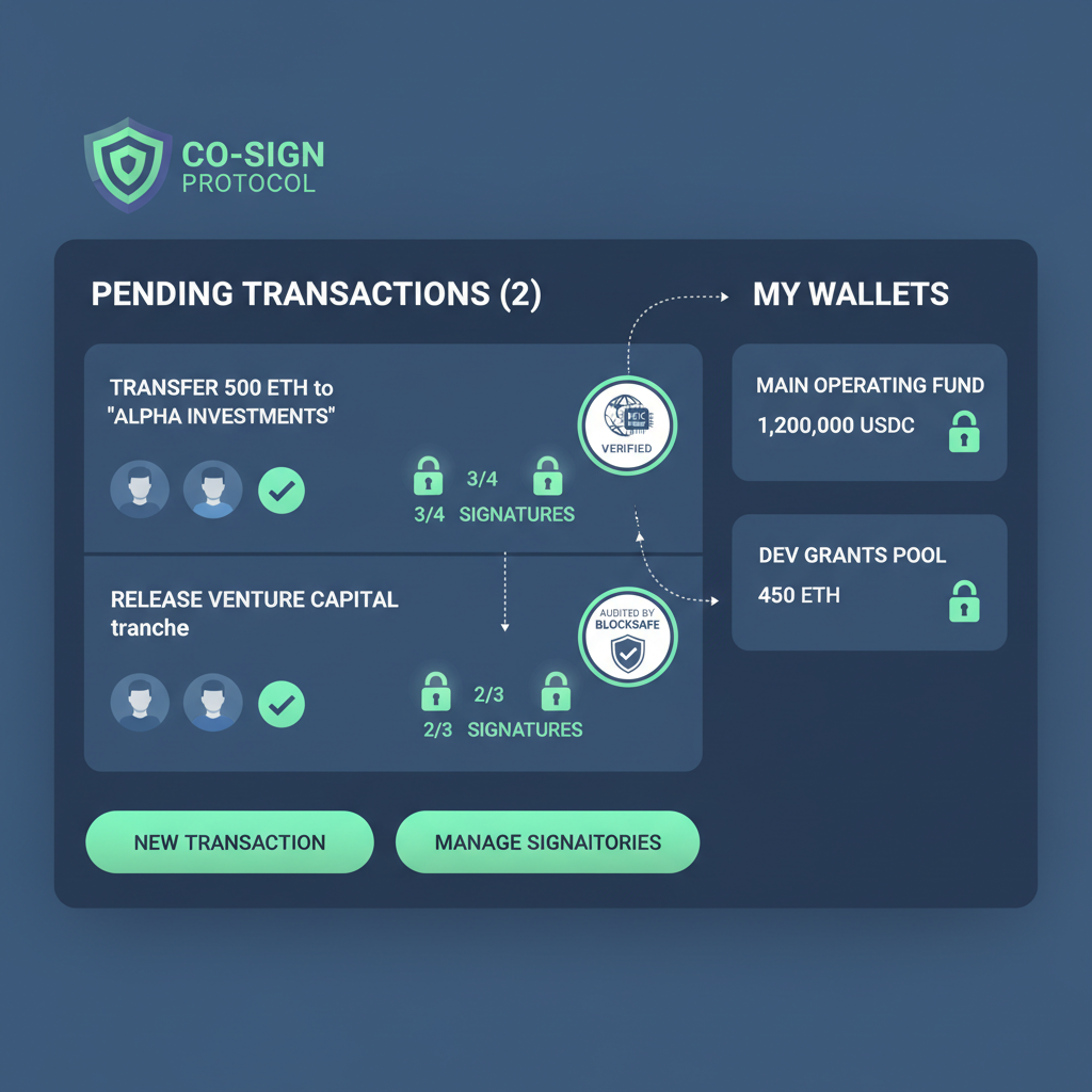 futuristic multi-sig wallet dashboard with KYC badges and audit seals, secure green locks