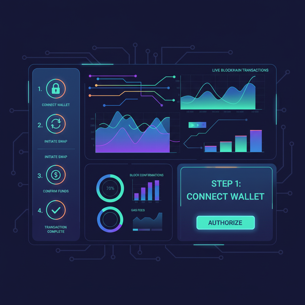 high-tech dashboard with live blockchain transaction graphs, neon charts