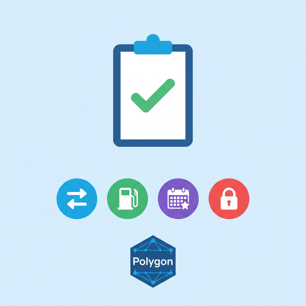 permissions checklist icon with swap, gas, event icons, secure lock on Polygon network