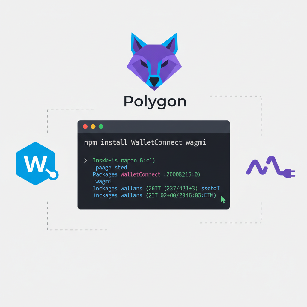 npm install command in terminal, WalletConnect and wagmi packages icons, Polygon logo