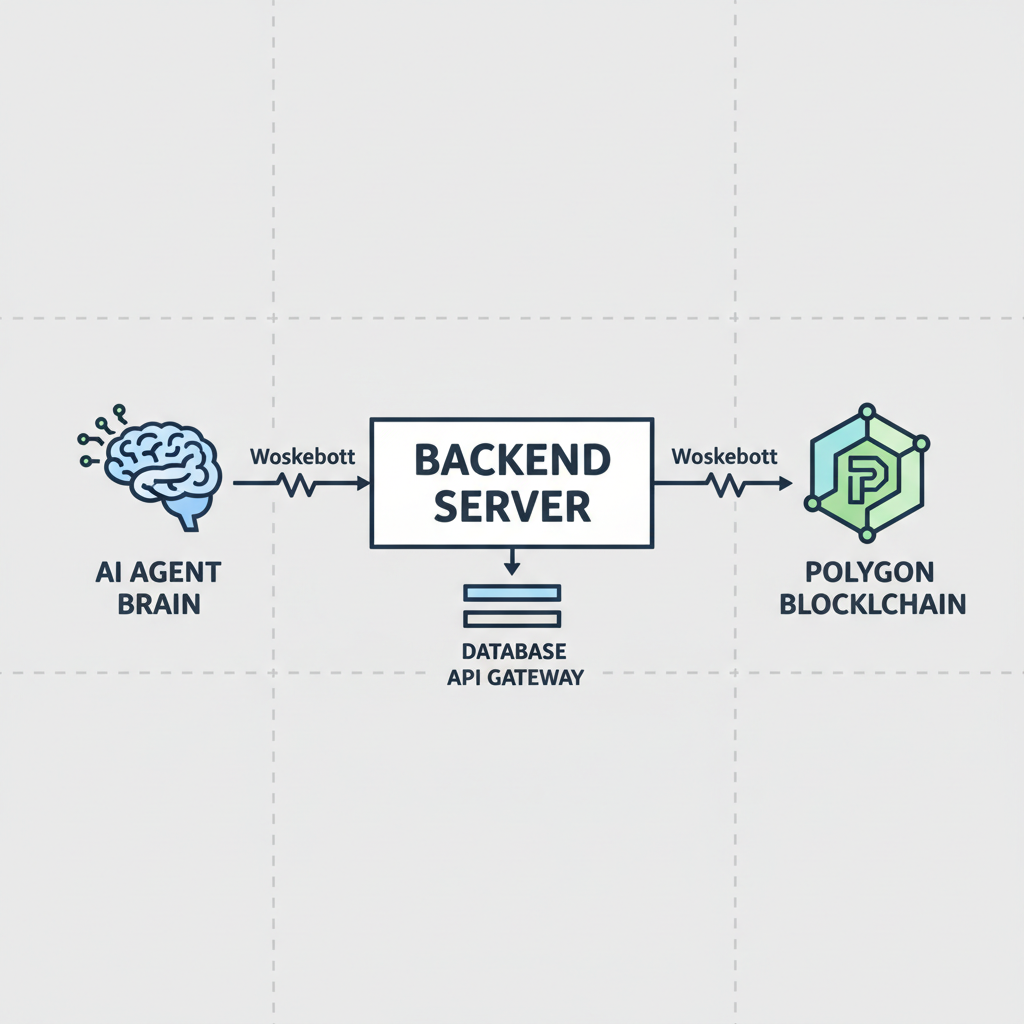 backend server diagram with WebSocket connecting to AI agent brain and Polygon blockchain