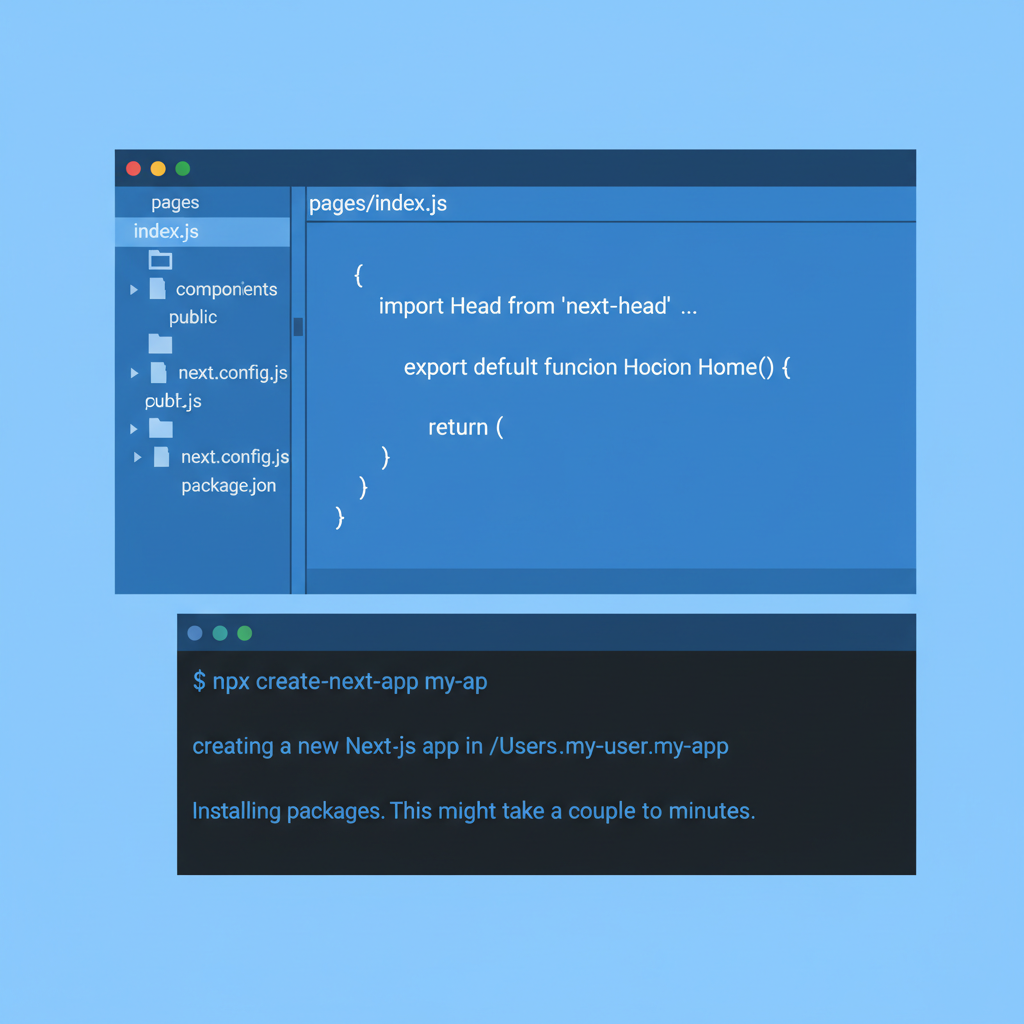 minimalist code editor with Next.js project scaffold, terminal window initializing app, blue tones