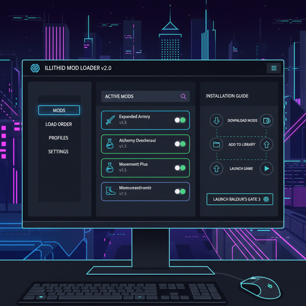 sleek modern mod manager interface for Baldur's Gate 3 on a gaming PC desktop, cyberpunk neon glow, high tech UI