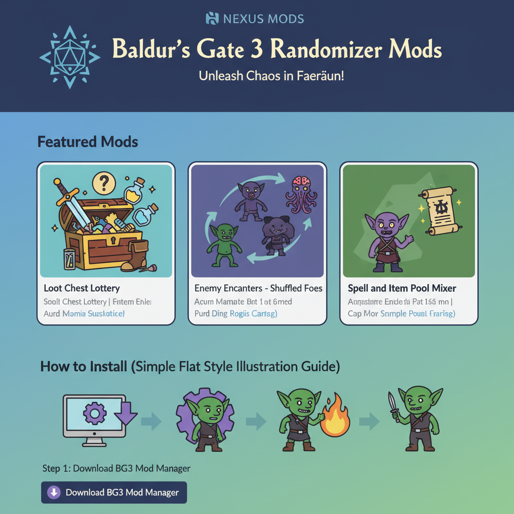 Nexus Mods page with Baldur's Gate 3 randomization mods listed, thumbnails of loot chests and shuffled enemies, vibrant fantasy art