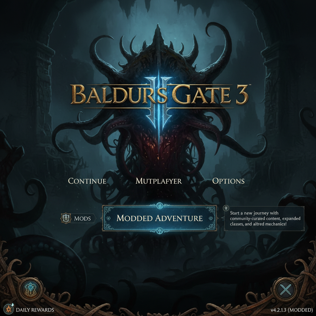 Baldur's Gate 3 main menu with modded new game option, randomized loot preview, epic fantasy loading screen
