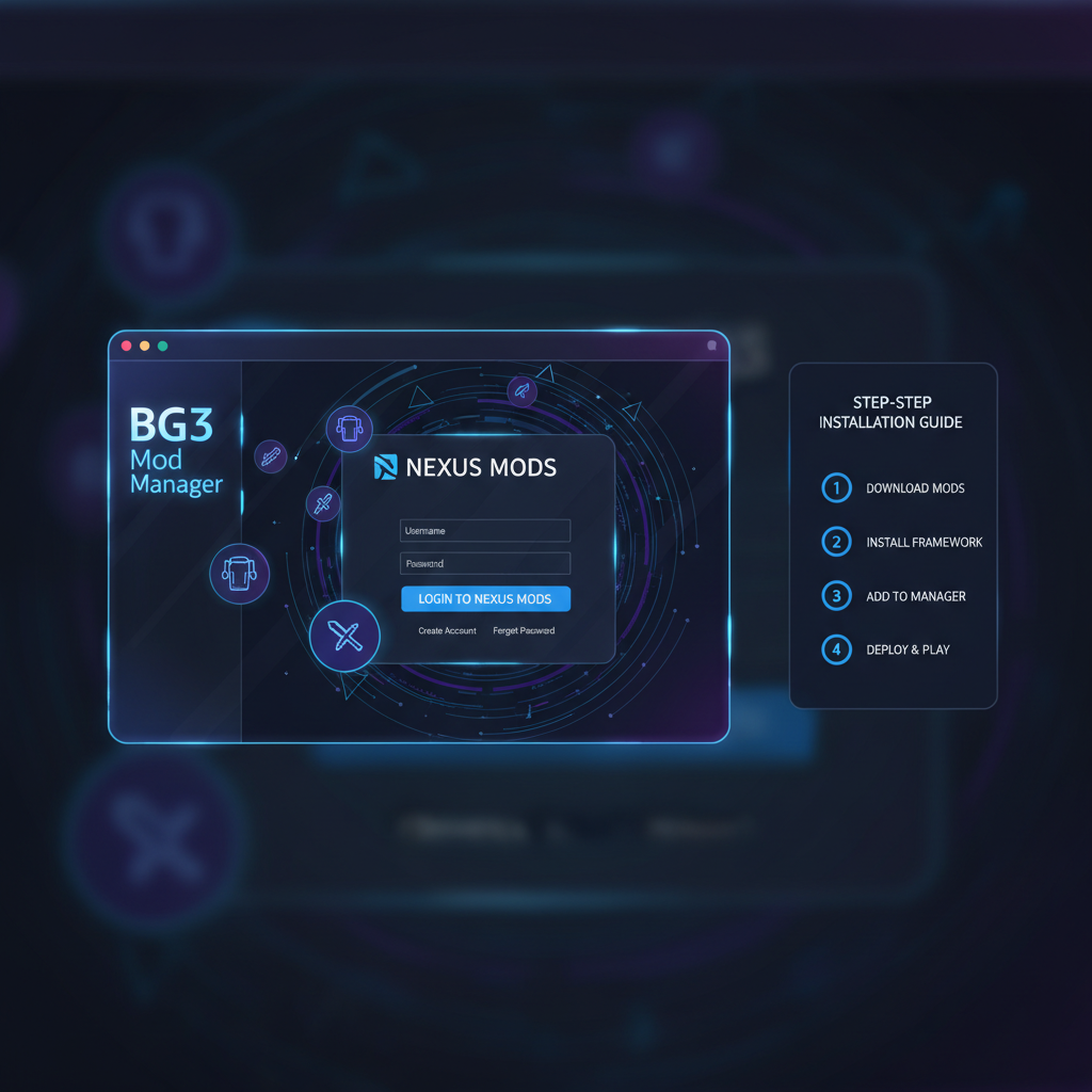 Nexus Mods login screen integrated in BG3 mod manager, dark theme with mod icons floating, futuristic browser window