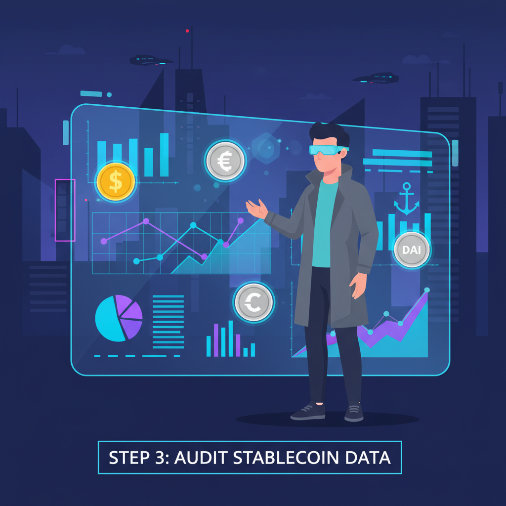 data analyst auditing charts on holographic screen with stablecoin icons, cyberpunk style