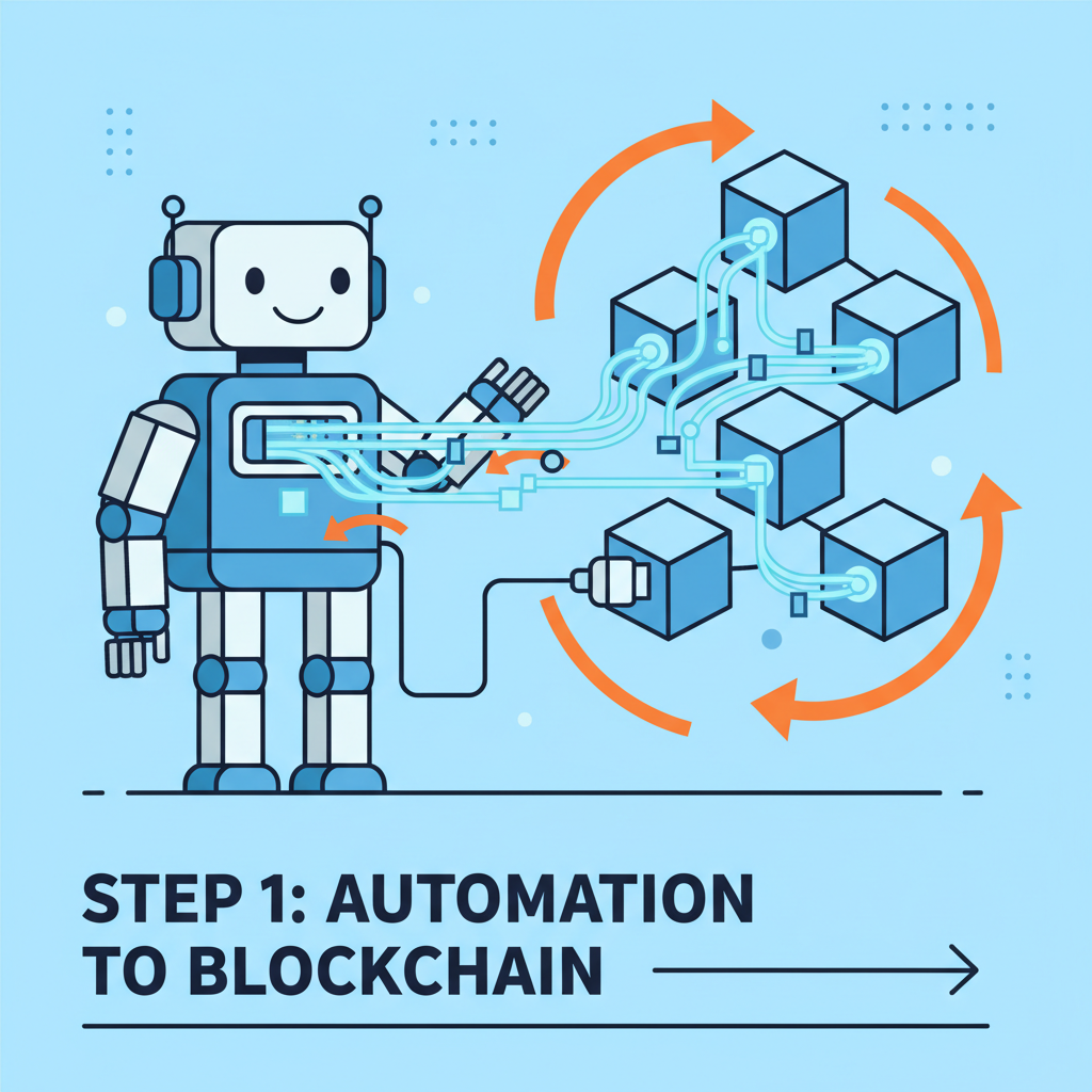 automation robot feeding data streams into blockchain network with recurring arrows