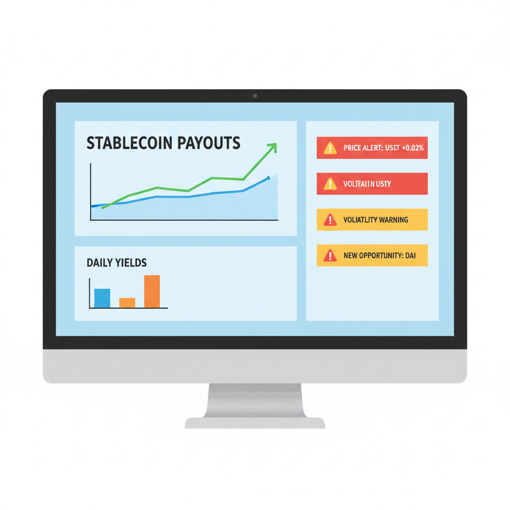 monitor screen showing stablecoin payout graphs and alerts, professional dashboard