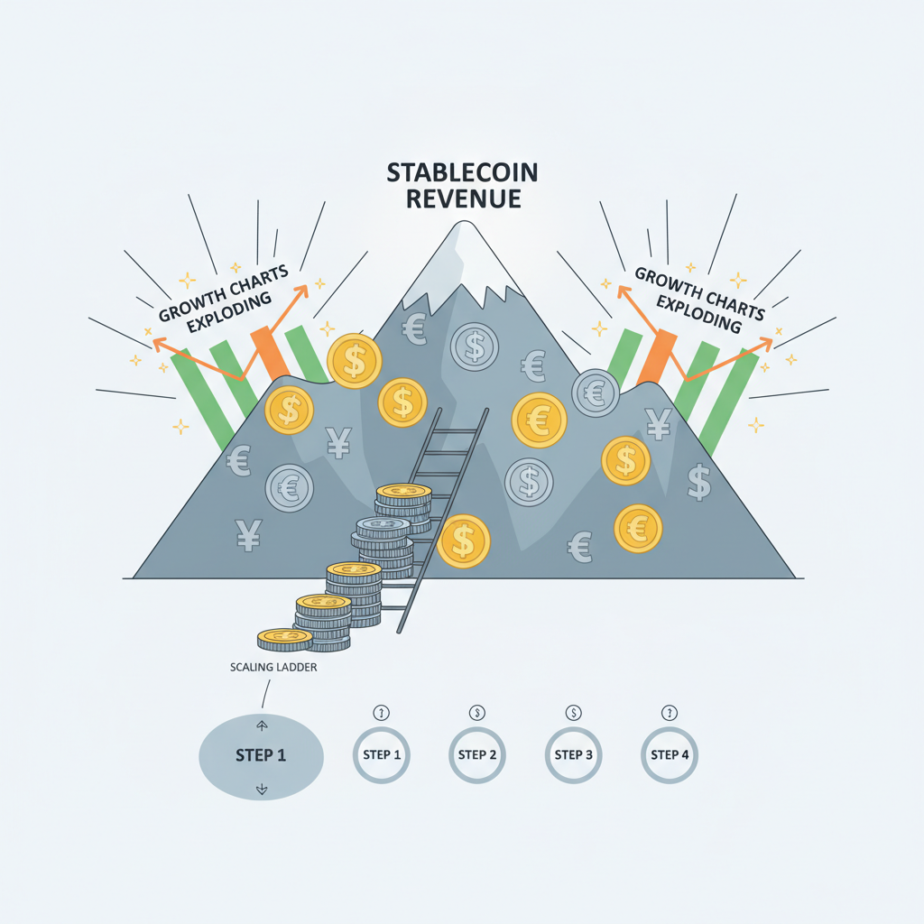scaling ladder climbing to stablecoin revenue mountain with growth charts exploding