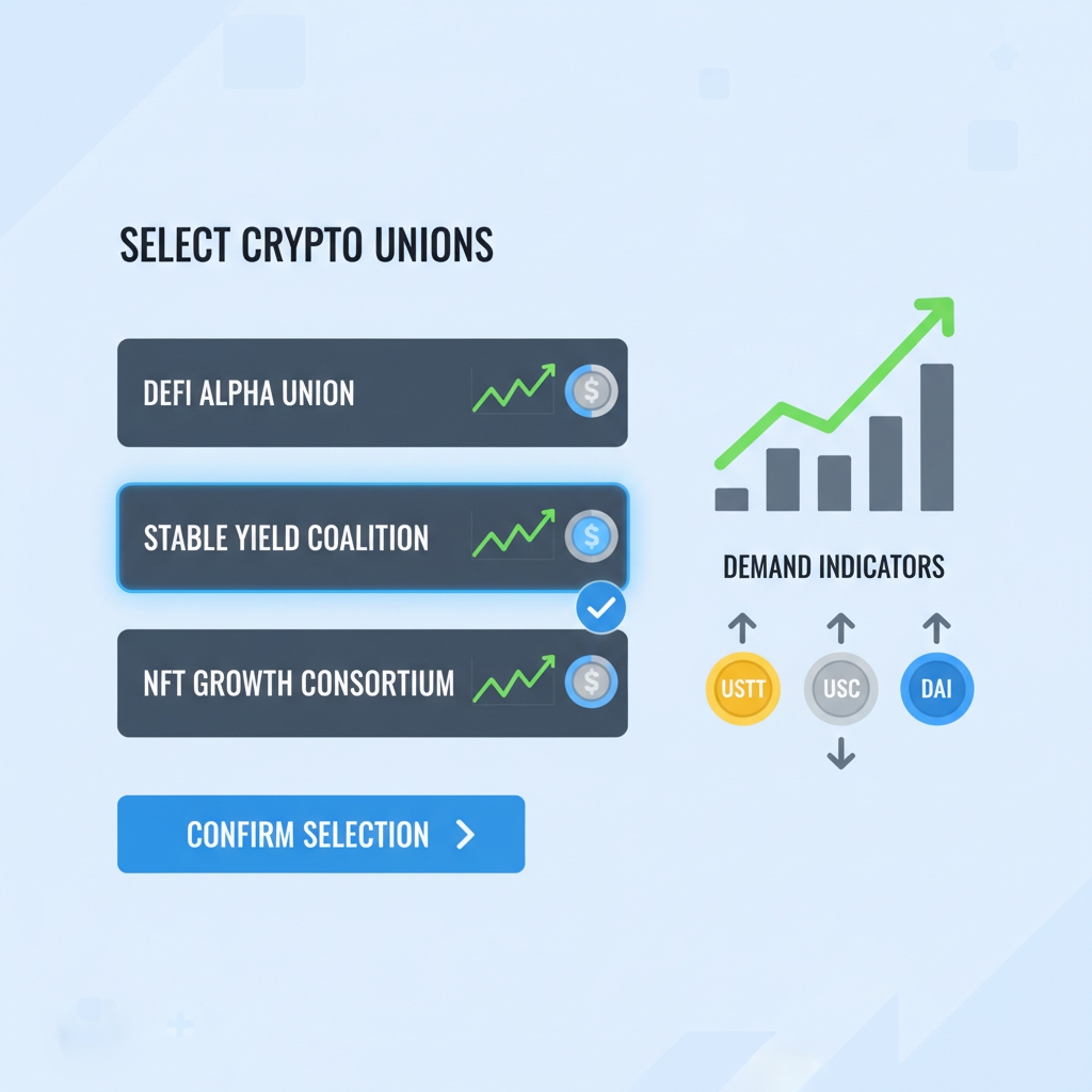 dashboard selecting high-demand crypto unions with rising graphs and stablecoin symbols