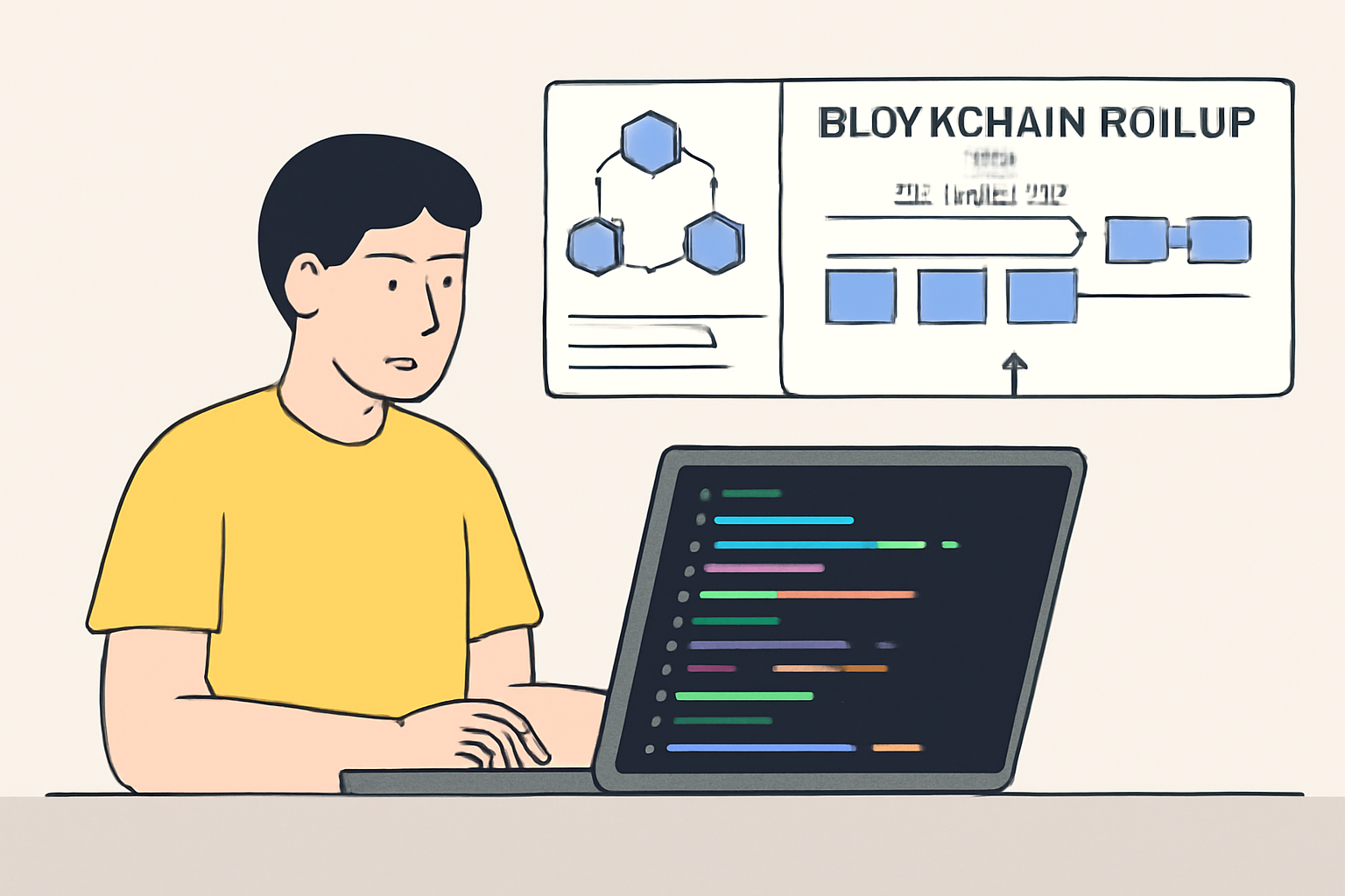 developer setting up blockchain rollup environment on laptop with code editor and diagrams