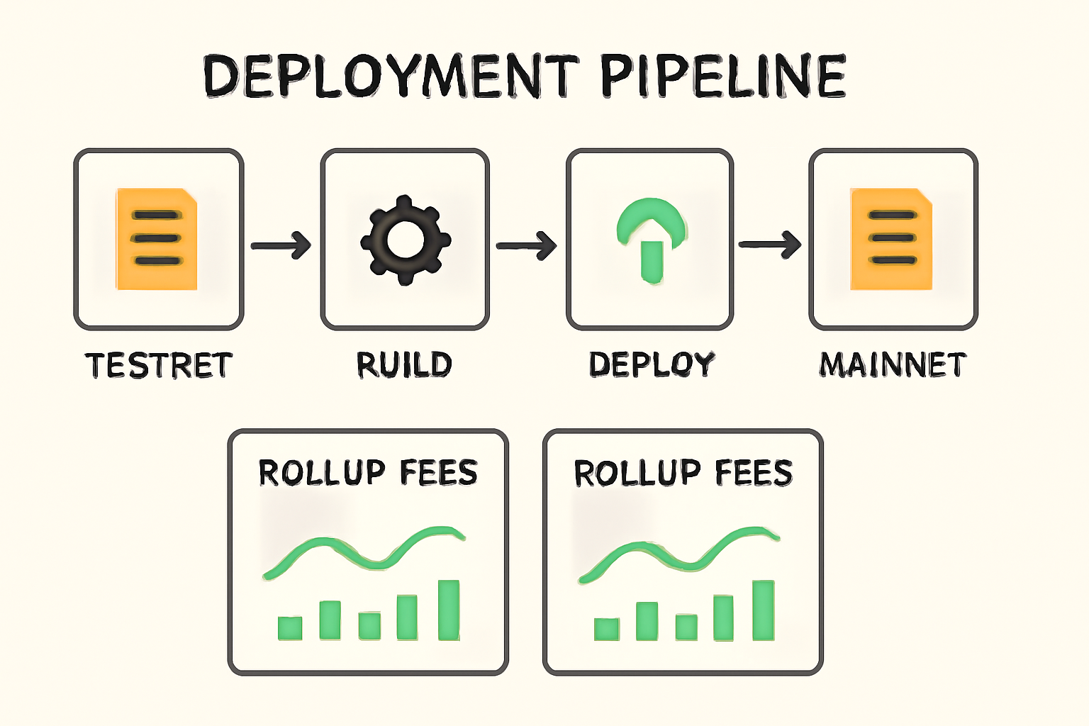 deployment pipeline from testnet to mainnet with monitoring graphs for rollup fees