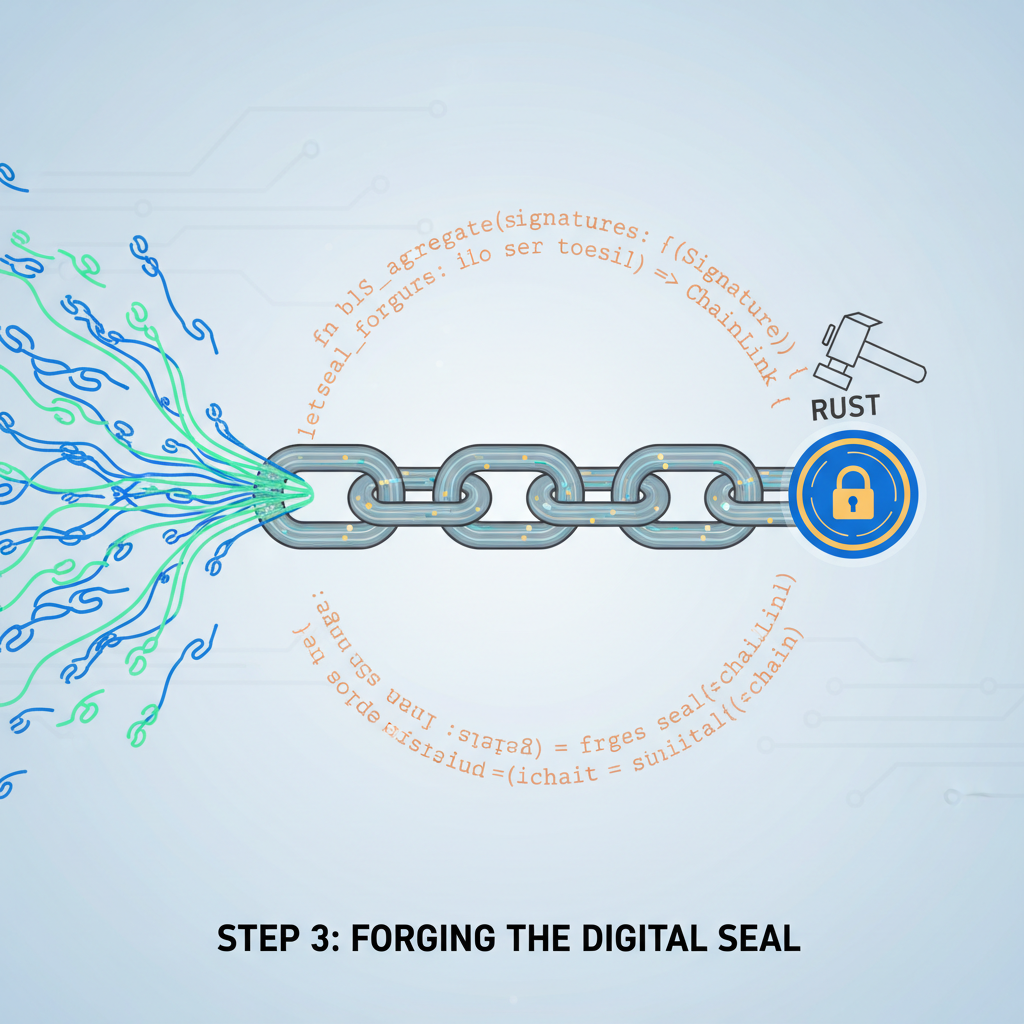 bls signatures aggregating into unbreakable chain link, rust code forging digital seal