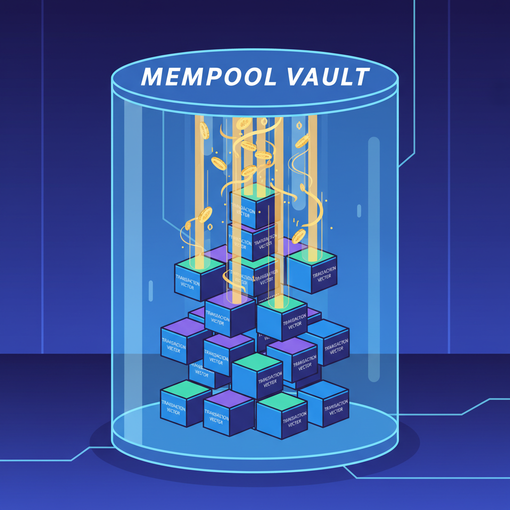 transaction vectors stacking in a high-tech mempool vault, golden data streams pouring in