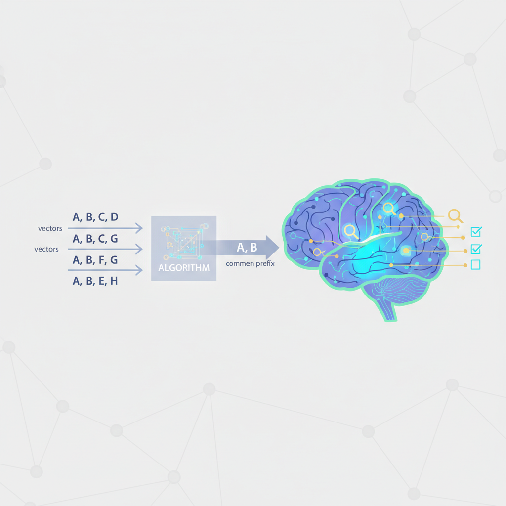 algorithm brain computing common prefix from vectors, neural network glowing with data matches