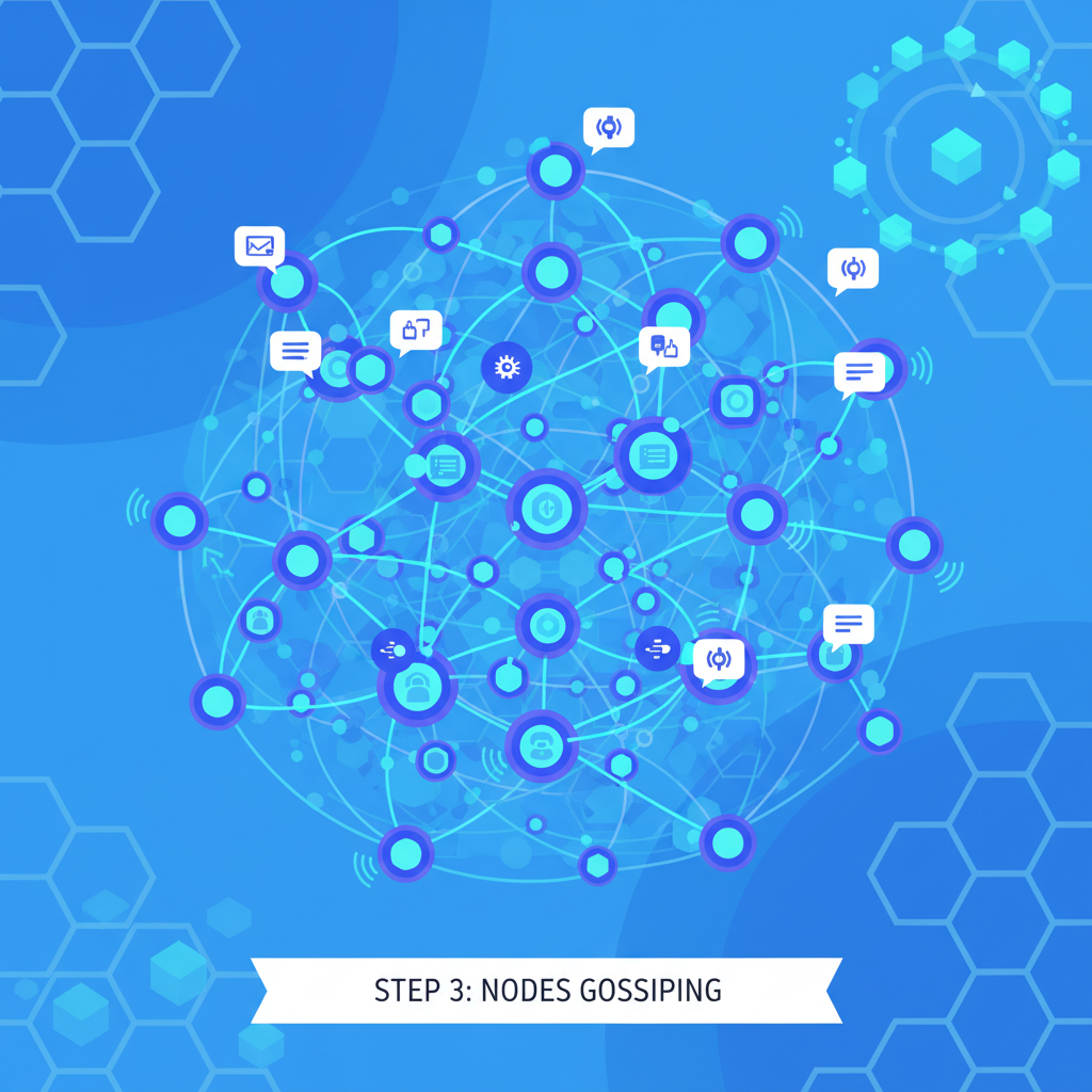 libp2p nodes gossiping in a buzzing network swarm, futuristic blockchain mesh vibrant blues