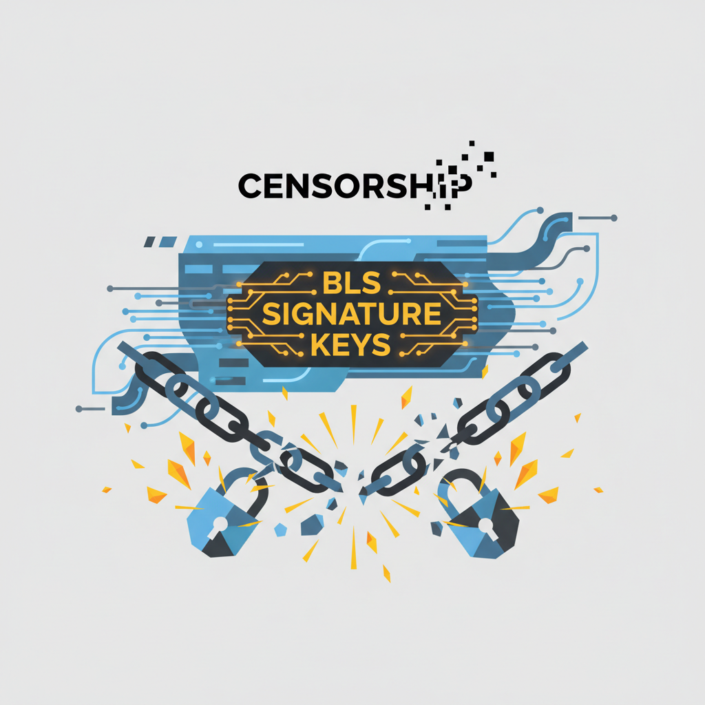 bls signature keys glowing in rust code, cryptographic locks shattering censorship chains