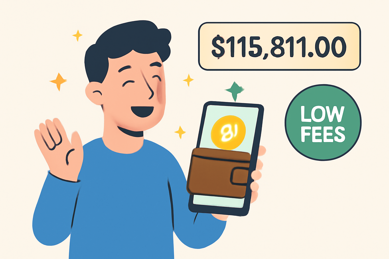 A user happily receiving Bitcoin in their wallet, with a price tag showing '$115,811.00' and a 'Low Fees' badge.