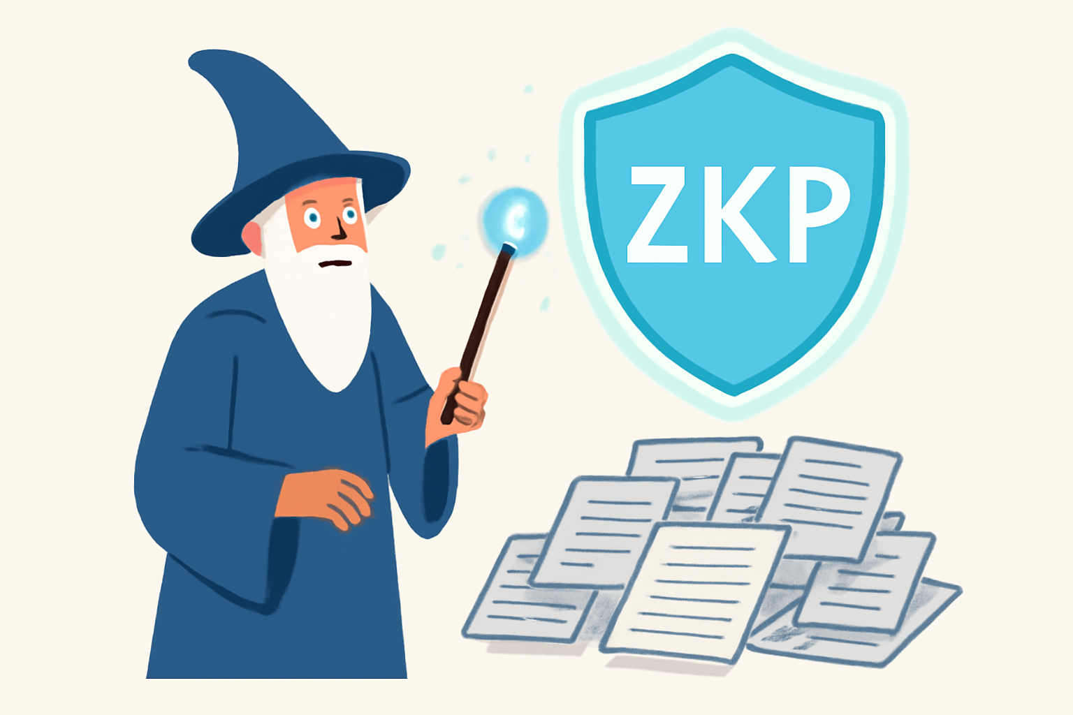 A wizard conjuring a glowing shield labeled 'ZKP' over a pile of transactions, symbolizing privacy and security.