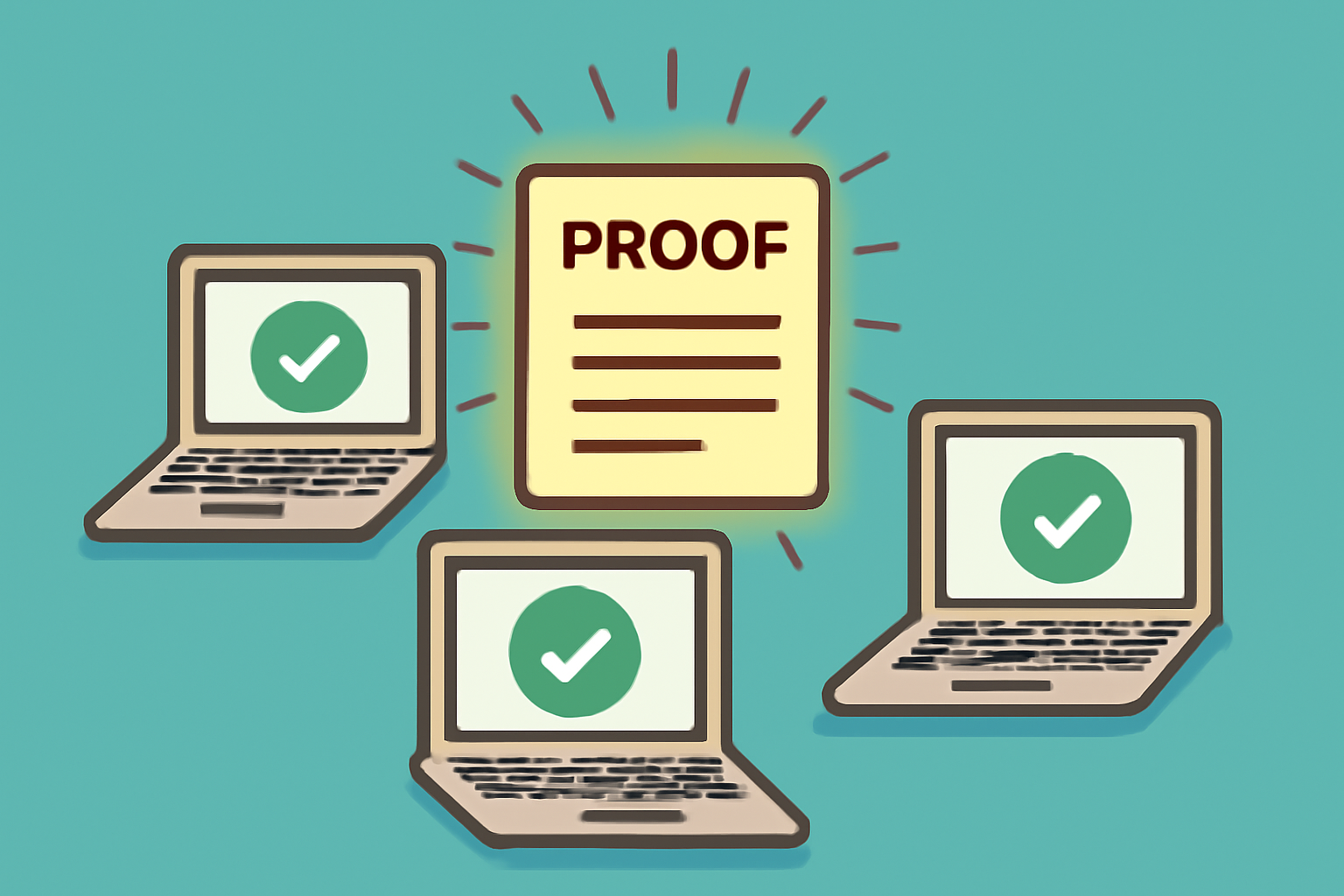 Bitcoin nodes (represented as computers) checking a glowing proof document, with green checkmarks indicating verification.