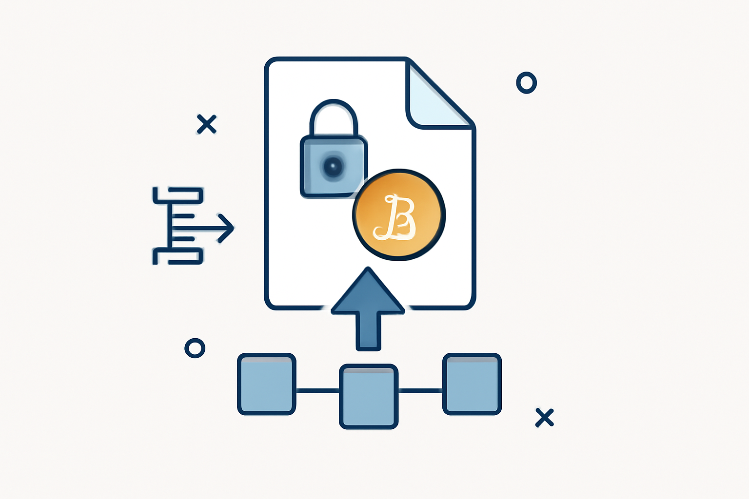 A digital document with a lock and a Bitcoin logo being uploaded to a blockchain, with a 'compression' symbol showing data shrinking.