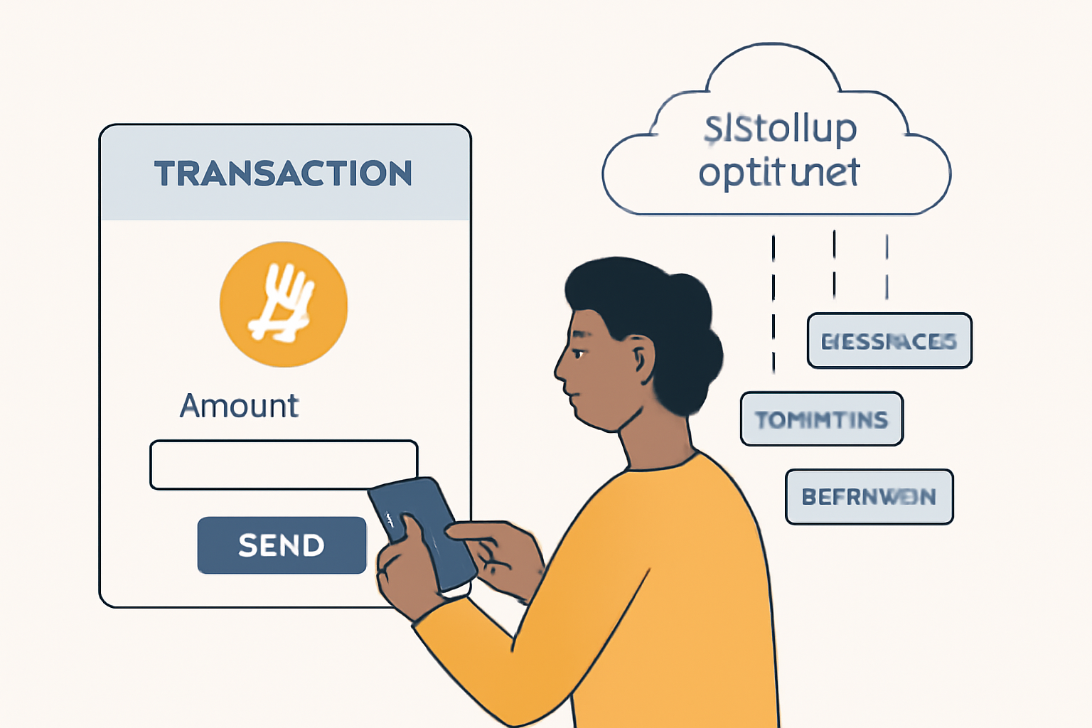 A person submitting a Bitcoin transaction on a digital interface, with a cloud labeled 'zkRollup operator' collecting transactions in the background.